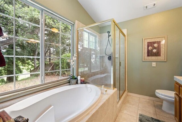 2860 Cathedral Ln, Arroyo Grande, CA 93420 - full bathroom featuring vanity, a garden tub, a stall shower, tile patterned floors, and toilet
