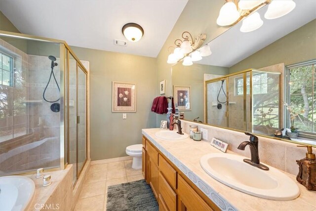 2860 Cathedral Ln, Arroyo Grande, CA 93420 - bathroom with a stall shower, toilet, tile patterned floors, double vanity, and a garden tub