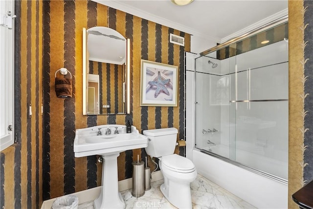 401 Piazza Lido, Newport Beach, CA 92663 - full bath with crown molding, wallpapered walls, toilet, marble look tiles, and combined bath / shower with glass door