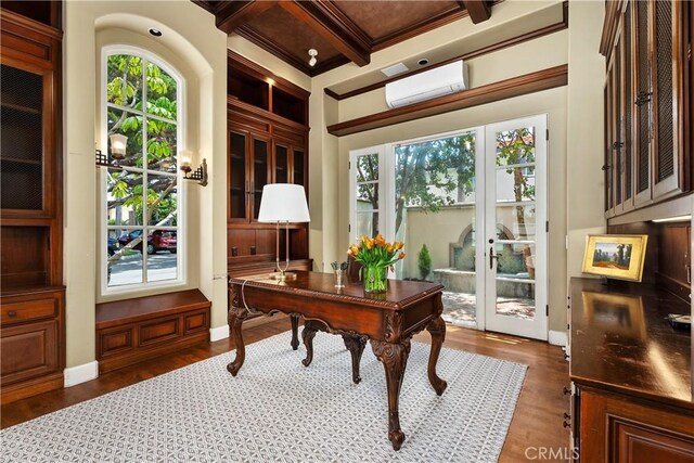 401 Piazza Lido, Newport Beach, CA 92663 - office area with an AC wall unit, coffered ceiling, ornamental molding, healthy amount of natural light, and french doors