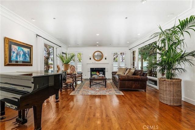 401 Piazza Lido, Newport Beach, CA 92663 - living area with wood finished floors, a lit fireplace, and crown molding