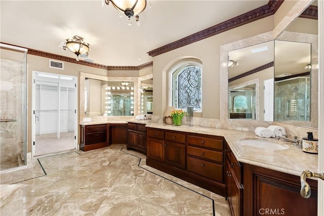 401 Piazza Lido, Newport Beach, CA 92663 - full bathroom featuring a stall shower, vanity, crown molding, and marble finish flooring