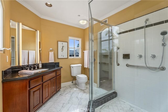 401 Piazza Lido, Newport Beach, CA 92663 - bathroom with a shower stall, vanity, toilet, ornamental molding, and marble finish floors