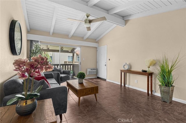 1345 Cabrillo Park Dr Unit S16, Santa Ana, CA 92701 - living area featuring a ceiling fan, tile patterned floors, a wall mounted AC, and baseboards