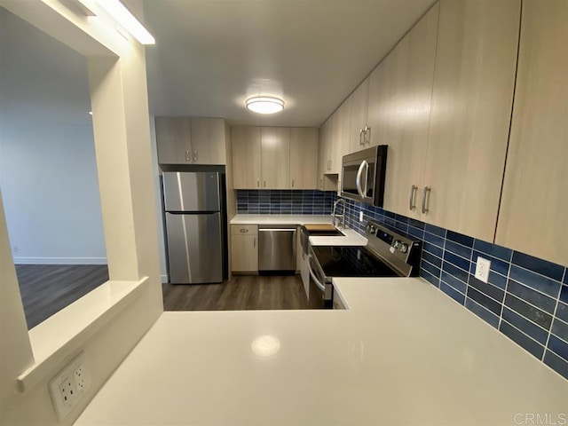 745 E Bradley Ave Unit 27, El Cajon, CA 92021 - kitchen with appliances with stainless steel finishes, decorative backsplash, light countertops, dark wood-style floors, and a sink