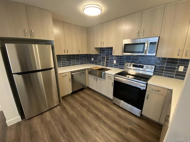 745 E Bradley Ave Unit 27, El Cajon, CA 92021 - kitchen featuring appliances with stainless steel finishes, dark wood-type flooring, light countertops, and backsplash
