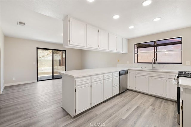 27505 Ventura Dr, Cathedral City, CA 92234 - kitchen featuring a sink, appliances with stainless steel finishes, a peninsula, light wood finished floors, and white cabinets