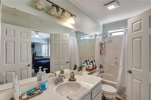 3506 Belvedere Way, Corona, CA 92882 - ensuite bathroom with vanity, shower / bath combo, crown molding, and ceiling fan