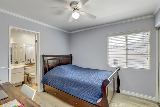 3506 Belvedere Way, Corona, CA 92882 - bedroom with ornamental molding, light wood-style flooring, a ceiling fan, and ensuite bathroom