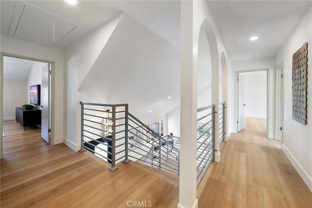 13621 Fairmont Way, Tustin, CA 92780 - hall with attic access, an upstairs landing, wood finished floors, baseboards, and recessed lighting