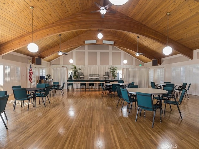 22652 Nadine Cir Unit A, Torrance, CA 90505 - dining space with a ceiling fan, high vaulted ceiling, wood-type flooring, and wooden ceiling with exposed beams