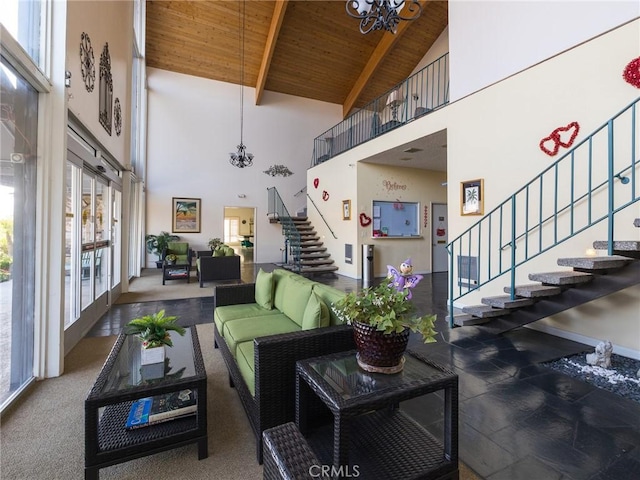 22652 Nadine Cir Unit A, Torrance, CA 90505 - living area featuring stairs, wooden ceiling with exposed beams, and high vaulted ceiling