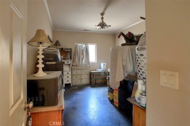 42625 Red Top Mountain Ct, Coarsegold, CA 93614 - bedroom with concrete flooring and crown molding