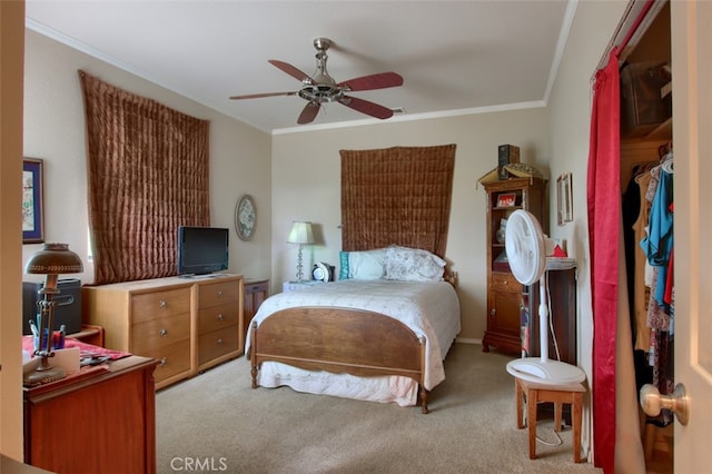 42625 Red Top Mountain Ct, Coarsegold, CA 93614 - carpeted bedroom with ornamental molding and ceiling fan