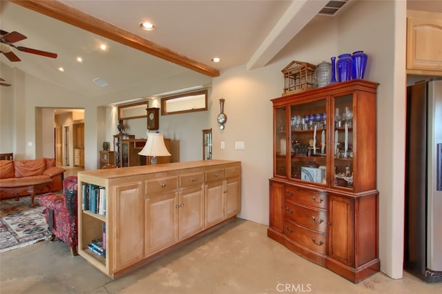 42625 Red Top Mountain Ct, Coarsegold, CA 93614 - bar with stainless steel fridge with ice dispenser, a ceiling fan, finished concrete flooring, and recessed lighting