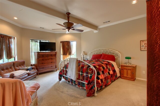 42625 Red Top Mountain Ct, Coarsegold, CA 93614 - carpeted bedroom with recessed lighting, ornamental molding, ceiling fan, beamed ceiling, and baseboards