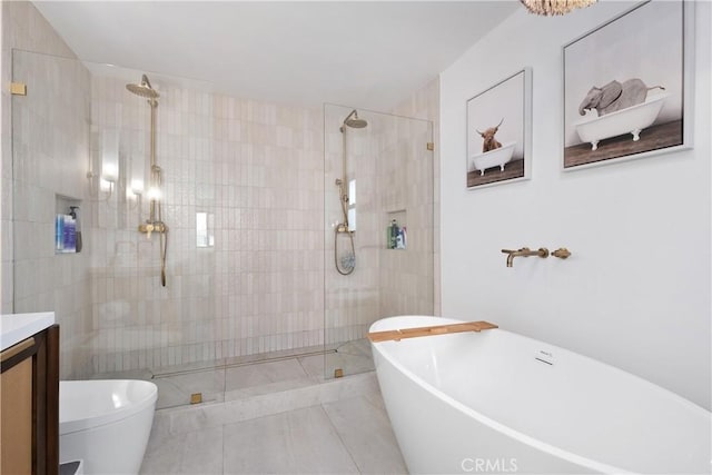 3550 Goldenrod Cir, Seal Beach, CA 90740 - bathroom featuring a freestanding bath, a walk in shower, vanity, and toilet