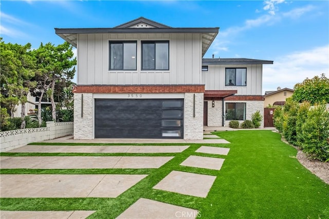 3550 Goldenrod Cir, Seal Beach, CA 90740 - modern home with board and batten siding, a garage, and brick siding