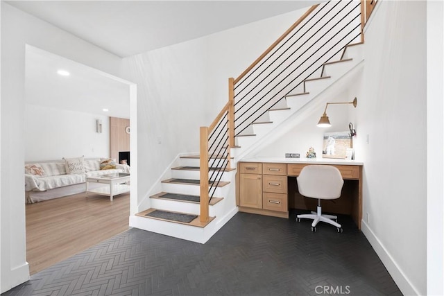3550 Goldenrod Cir, Seal Beach, CA 90740 - staircase with baseboards, parquet flooring, and recessed lighting