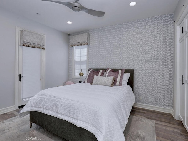 1 Lennox Ct, Ladera Ranch, CA 92694 - bedroom featuring wallpapered walls, baseboards, wood finished floors, recessed lighting, and ceiling fan