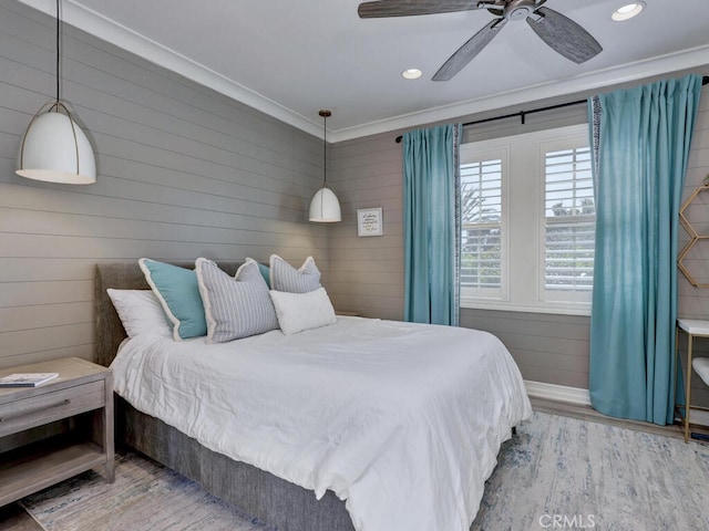 1 Lennox Ct, Ladera Ranch, CA 92694 - bedroom featuring wood finished floors, crown molding, recessed lighting, and a ceiling fan