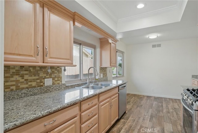 427 W Northridge Ave, Glendora, CA 91741 - kitchen with a sink, appliances with stainless steel finishes, light brown cabinetry, decorative backsplash, and ornamental molding
