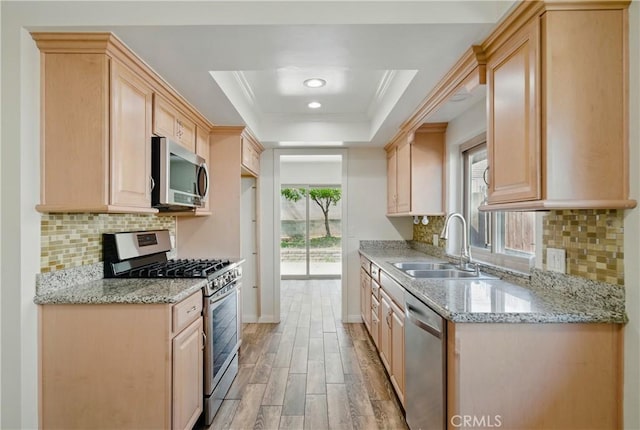 427 W Northridge Ave, Glendora, CA 91741 - kitchen with stainless steel appliances, a raised ceiling, a sink, light wood-style flooring, and light stone countertops