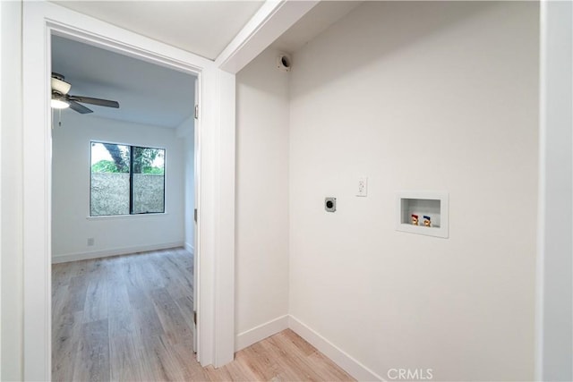 611 W 1st St Unit 101, Santa Ana, CA 92701 - laundry area featuring hookup for an electric dryer, light wood-type flooring, washer hookup, baseboards, and a ceiling fan