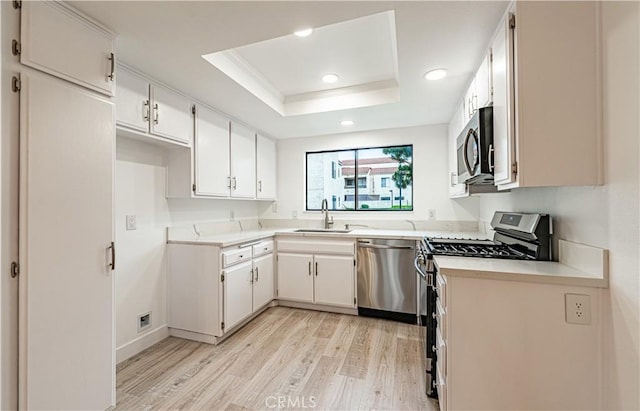 611 W 1st St Unit 101, Santa Ana, CA 92701 - kitchen featuring appliances with stainless steel finishes, a sink, light wood finished floors, a tray ceiling, and recessed lighting