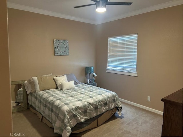 5995 W Brooks Rd, Merced, CA 95341 - bedroom featuring baseboards, light carpet, crown molding, and ceiling fan