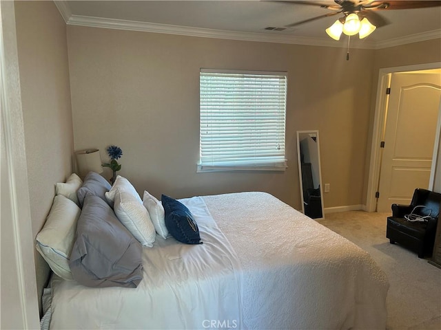 5995 W Brooks Rd, Merced, CA 95341 - bedroom with light colored carpet, crown molding, baseboards, and ceiling fan