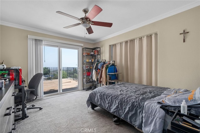 20605 Broadview Dr, Perris, CA 92570 - bedroom featuring access to outside, carpet, ornamental molding, ceiling fan, and a desk
