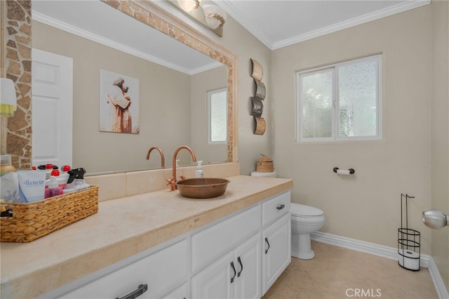 20605 Broadview Dr, Perris, CA 92570 - bathroom featuring toilet, vanity, baseboards, ornamental molding, and tile patterned floors