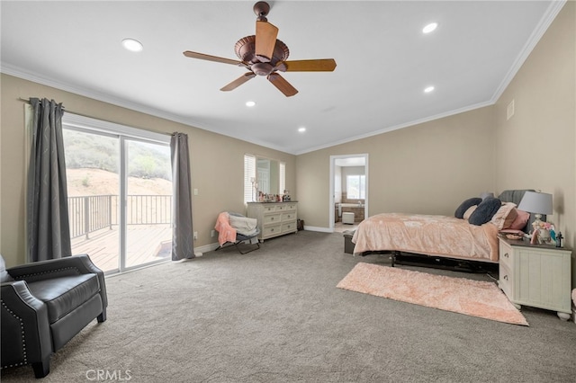 20605 Broadview Dr, Perris, CA 92570 - carpeted bedroom featuring access to outside, crown molding, recessed lighting, baseboards, and ceiling fan