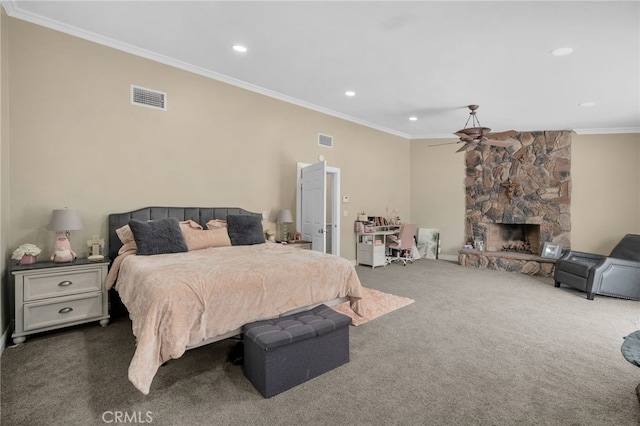20605 Broadview Dr, Perris, CA 92570 - bedroom with dark carpet, ornamental molding, recessed lighting, and a stone fireplace