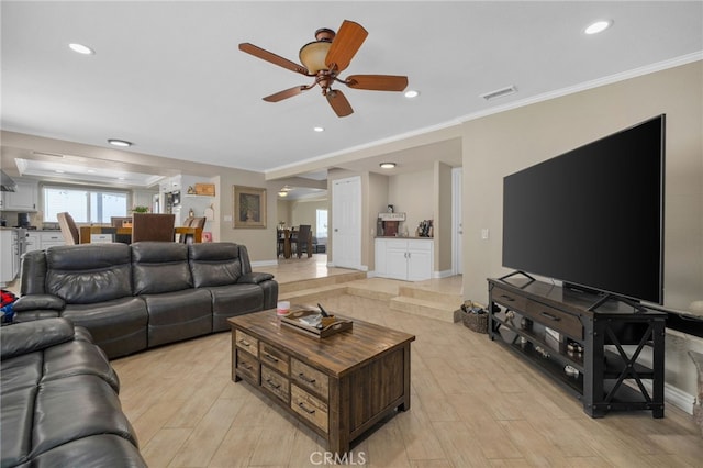 20605 Broadview Dr, Perris, CA 92570 - living room with ceiling fan, recessed lighting, ornamental molding, light wood-style floors, and baseboards