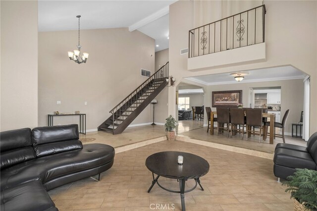 20605 Broadview Dr, Perris, CA 92570 - living room with stairway, high vaulted ceiling, a chandelier, beam ceiling, and baseboards