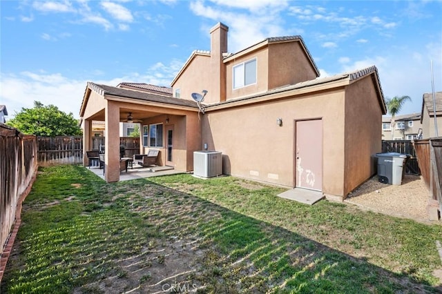 3762 Almansa Way, Perris, CA 92571 - back of property featuring a ceiling fan, stucco siding, a patio area, and cooling unit