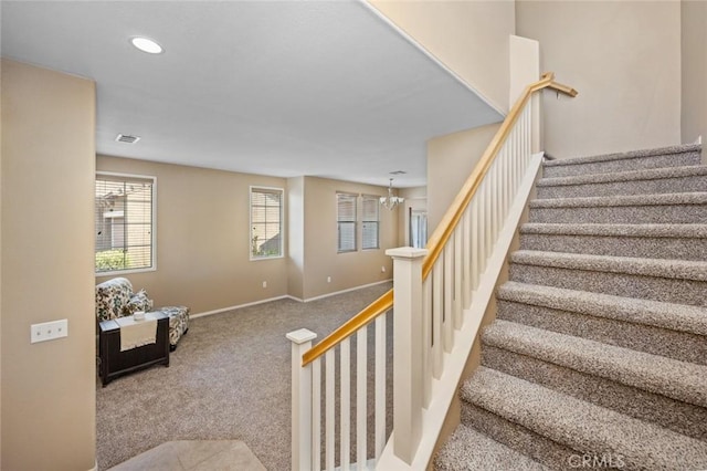 3762 Almansa Way, Perris, CA 92571 - staircase featuring carpet, a chandelier, baseboards, and recessed lighting