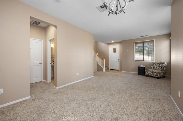 3762 Almansa Way, Perris, CA 92571 - unfurnished living room featuring carpet floors, stairway, a chandelier, and baseboards