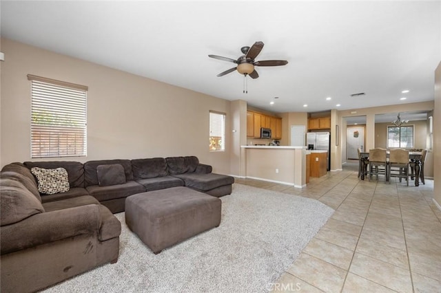 3762 Almansa Way, Perris, CA 92571 - living area featuring light tile patterned floors, a ceiling fan, and recessed lighting