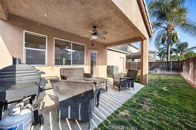 3762 Almansa Way, Perris, CA 92571 - view of patio featuring ceiling fan, an outdoor living space, central AC, and a wooden deck