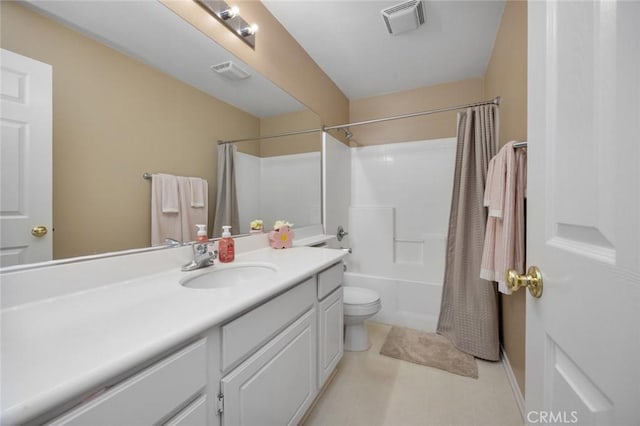 3762 Almansa Way, Perris, CA 92571 - full bath featuring vanity, shower / bath combo with shower curtain, toilet, and tile patterned flooring