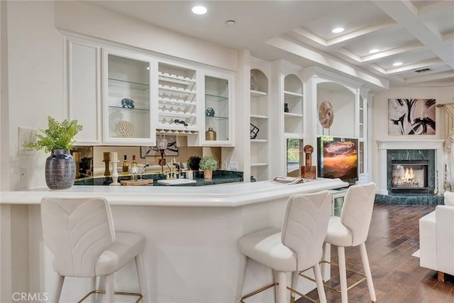 1768 Oakwood Ave, Arcadia, CA 91006 - bar with dark wood-type flooring, a high end fireplace, beam ceiling, coffered ceiling, and recessed lighting