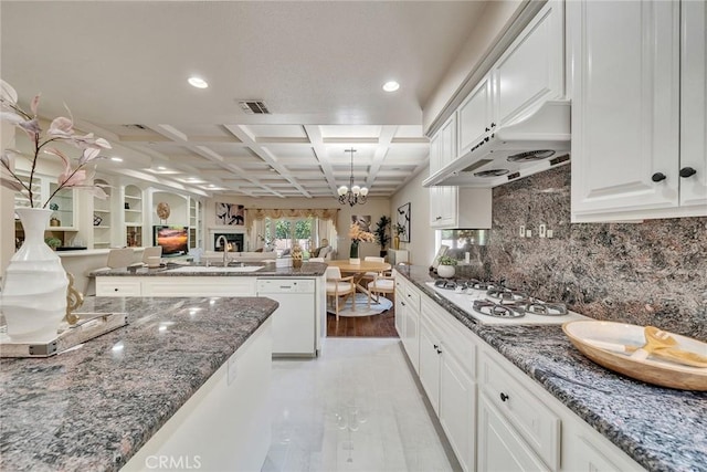 1768 Oakwood Ave, Arcadia, CA 91006 - kitchen featuring white appliances, open floor plan, coffered ceiling, backsplash, and white cabinetry