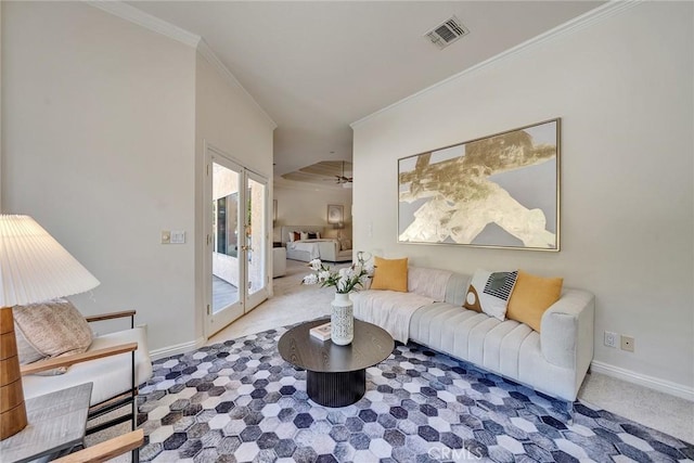 1768 Oakwood Ave, Arcadia, CA 91006 - carpeted living area featuring baseboards and crown molding