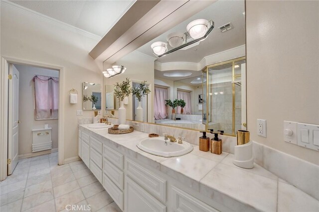 1768 Oakwood Ave, Arcadia, CA 91006 - bathroom featuring crown molding, a shower stall, double vanity, a garden tub, and tile patterned floors