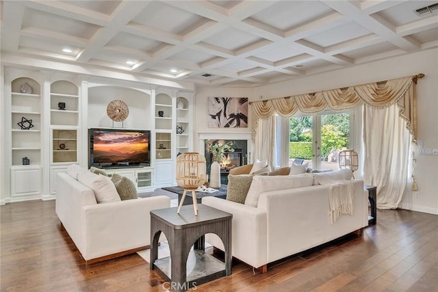 1768 Oakwood Ave, Arcadia, CA 91006 - living room with dark wood-style flooring, a glass covered fireplace, beam ceiling, built in shelves, and baseboards