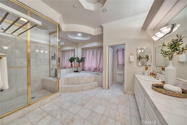 1768 Oakwood Ave, Arcadia, CA 91006 - bathroom featuring crown molding, a bath, a shower stall, vanity, and marble finish flooring