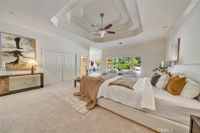 1768 Oakwood Ave, Arcadia, CA 91006 - bedroom with a raised ceiling, carpet flooring, crown molding, and ceiling fan